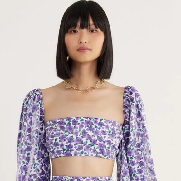 Rumer NWT Crop Top puff sleeves Purple floral metallic shine Size Large - Picture 2 of 5